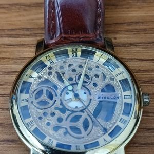 Men's Brown and Gold Skeleton Watch